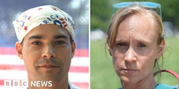 Split screen. Man on the left and woman on the right.
