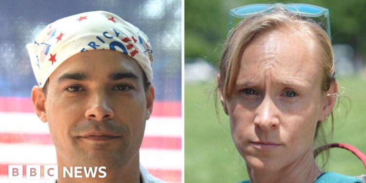 Split screen. Man on the left and woman on the right.