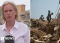 Composite image of BBC's Orla Guerin and workers combing through rubble.