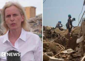 Composite image of BBC's Orla Guerin and workers combing through rubble.