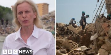 Composite image of BBC's Orla Guerin and workers combing through rubble.