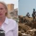 Composite image of BBC's Orla Guerin and workers combing through rubble.