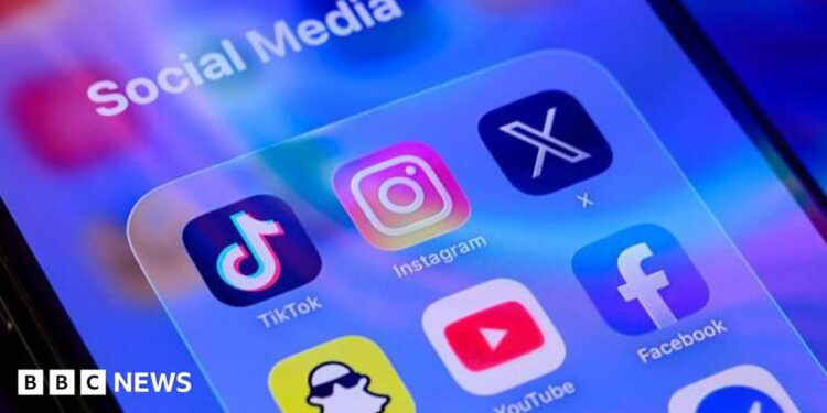 The app symbols for Snapchat, YouTube, Facebook, TikTok, Instagram and X are displayed on a smartphone screen, under the label Social Media.