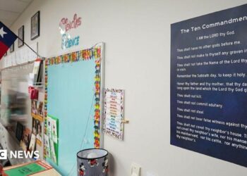 A copy of the Ten Commandments is displayed in a classroom in Leander, Texas