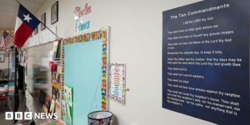 A copy of the Ten Commandments is displayed in a classroom in Leander, Texas