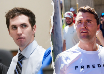 Tyler Robinson wearing shirt and tie in court and Charlie Kirk wearing Freedom T-shirt at event