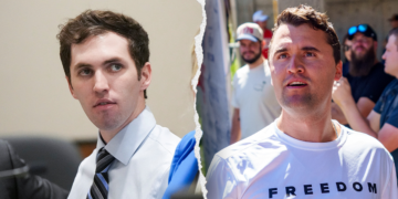Tyler Robinson wearing shirt and tie in court and Charlie Kirk wearing Freedom T-shirt at event