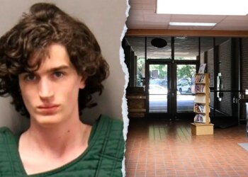 Bradley Scott Sayer and the entrance to a Chico, California library