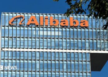The Alibaba logo is displayed on a building at Shenzhen Alibaba Center on 28 May, 2026 in Shenzhen, Guangdong Province, China.