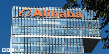 The Alibaba logo is displayed on a building at Shenzhen Alibaba Center on 28 May, 2026 in Shenzhen, Guangdong Province, China.