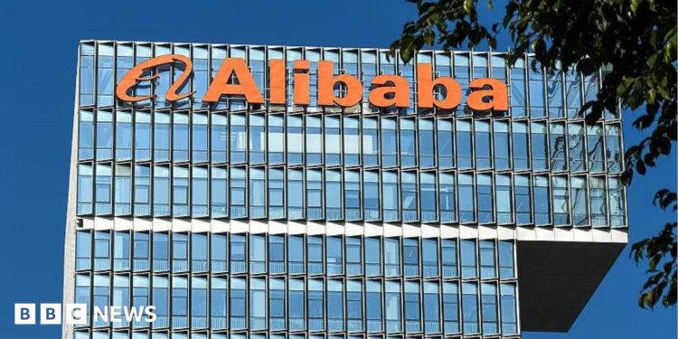 The Alibaba logo is displayed on a building at Shenzhen Alibaba Center on 28 May, 2026 in Shenzhen, Guangdong Province, China.