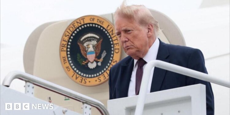 Donald Trump President of the United States of America US on his arrival ahead of a dinner with the President of the French Republic and his wife organised to celebrate the 250th anniversary of the independence of the United States at the Chateau de Versailles in Versailles France on June 17, 2026.