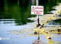 A river in France with a danger sign