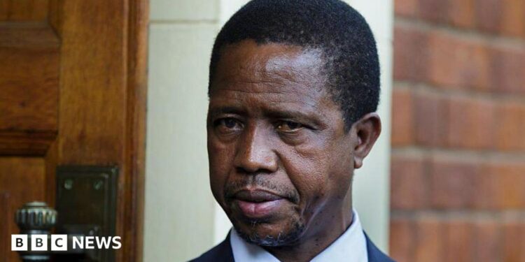 A head and shoulders image of Edgar Lungu. His blue collar and dark jacket can just be seen at the bottom of the picture.