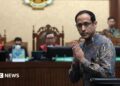 Gojek founder Nadiem Makarim appears in court for the verdict in his high profile corruption trial in Jakarta, Indonesia