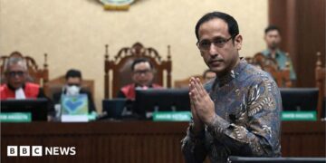 Gojek founder Nadiem Makarim appears in court for the verdict in his high profile corruption trial in Jakarta, Indonesia