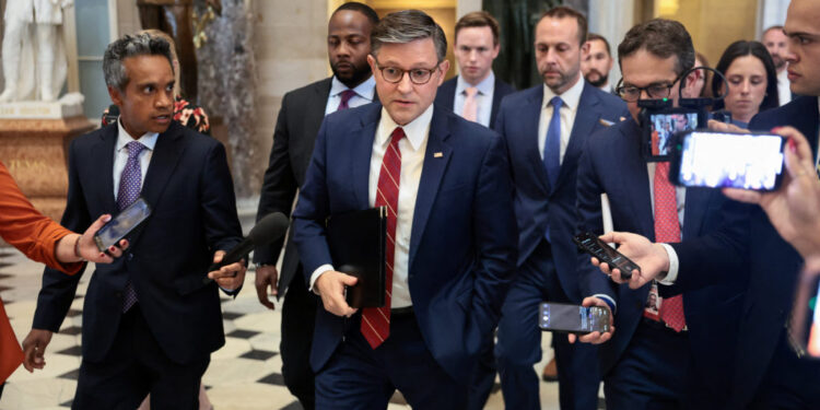 U.S. House Speaker Johnson (R-LA) walks to a vote, in Washington