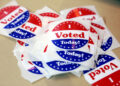 "I Voted Today" stickers for the midterm elections are seen at a polling station in West Des Moines, Iowa, U.S., November ...