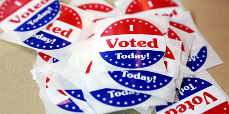 "I Voted Today" stickers for the midterm elections are seen at a polling station in West Des Moines, Iowa, U.S., November ...