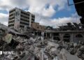 Damage by Israeli airstrikes in the centre of Nabatieh on June 26, 2026 in Nabatieh, Lebanon.