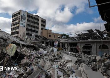 Damage by Israeli airstrikes in the centre of Nabatieh on June 26, 2026 in Nabatieh, Lebanon.