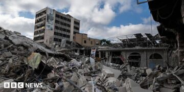Damage by Israeli airstrikes in the centre of Nabatieh on June 26, 2026 in Nabatieh, Lebanon.