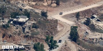 Israeli tanks operate on a road in southern Lebanon, pictured on June 27, 2026.