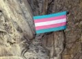 A group of transgender queer allied climbers unfurl a trans pride flag on El Capitan in Yosemite National Park