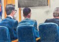 Courtroom sketch showing Karmelo Anthony seated with his defense team during his murder trial