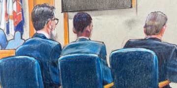 Courtroom sketch showing Karmelo Anthony seated with his defense team during his murder trial