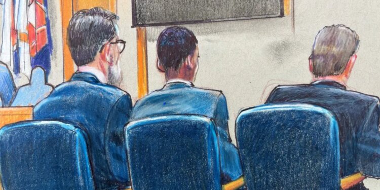 Courtroom sketch showing Karmelo Anthony seated with his defense team during his murder trial