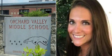 Ashley A. Fisler standing in front of Orchard Middle School