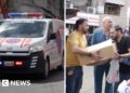 Split screen image of an ambulance on the left, four men on the right