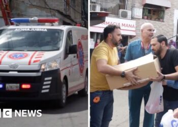 Split screen image of an ambulance on the left, four men on the right