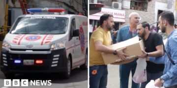 Split screen image of an ambulance on the left, four men on the right