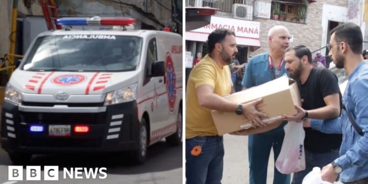 Split screen image of an ambulance on the left, four men on the right