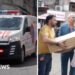 Split screen image of an ambulance on the left, four men on the right