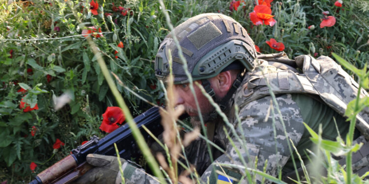 Ukrainian service members attend a military training near a frontline in Zaporizhzhia region