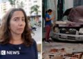 BBC reporter Vanessa Silva in a split screen with a crushed car.