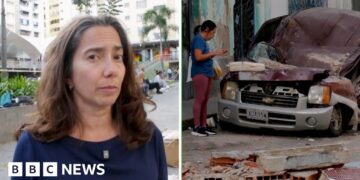 BBC reporter Vanessa Silva in a split screen with a crushed car.