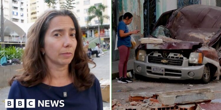 BBC reporter Vanessa Silva in a split screen with a crushed car.