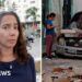 BBC reporter Vanessa Silva in a split screen with a crushed car.