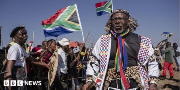 Hundreds of protesters marching outdoors, chanting and holding south african flags and signs
