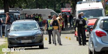 Crowds of emergency workers stand in the road following a shooting in Stade, northern Germany.