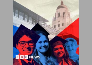 A stylised image of graduates in front of the Stanford University campus