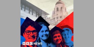 A stylised image of graduates in front of the Stanford University campus