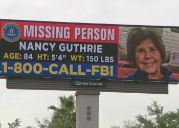 Nancy Guthrie's missing person billboard standing in Phoenix, Arizona.