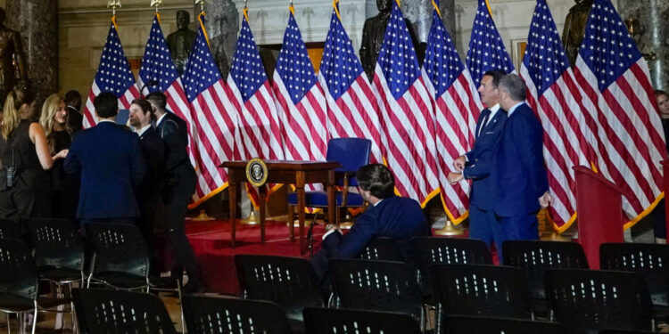 U.S. President Donald Trump cancels a scheduled signing of a bipartisan legislation aimed at speeding up ​the construction...