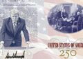 an image of two pages inside a US passport - one showing President Donald Trump with his fists on the Resolute Desk above his signature and another showing a picture of the founding father above "United States of America 250"