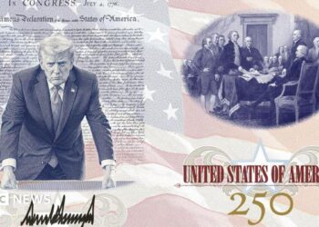 an image of two pages inside a US passport - one showing President Donald Trump with his fists on the Resolute Desk above his signature and another showing a picture of the founding father above "United States of America 250"